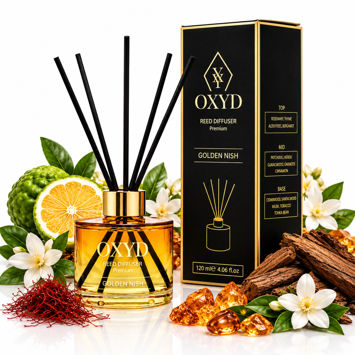 Dyfuzor zapachowy z patyczkami - Golden Nish - 120 ml - Zapach domowy