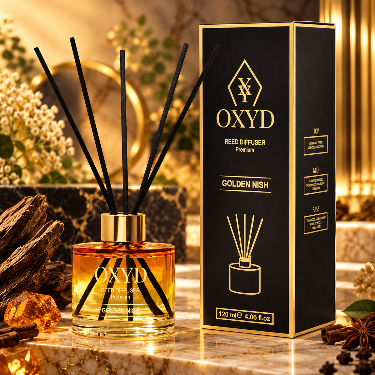Dyfuzor zapachowy z patyczkami - Golden Nish - 120 ml - Zapach domowy